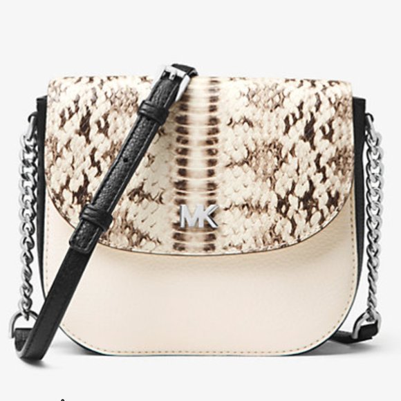 MICHAEL KORS Mott Snake-Embossed Leather Crossbody Cream & Black, Silver Chain - Picture 11 of 15